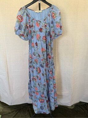 LOFT Light Blue Floral Maxi Dress with Puff Sleeves